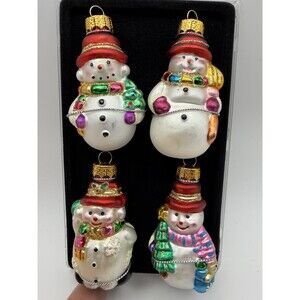 Unique Treasures Blown Glass Snowmen Ornaments Set Of 4 Christmas Glitter 2.5”